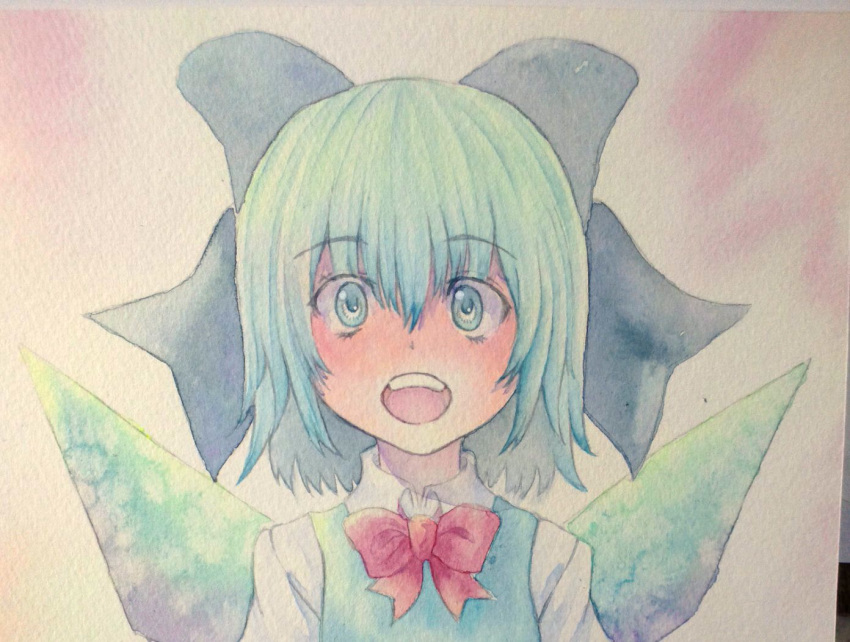 1girl blue_eyes blue_hair bow cirno hair_bow ice ice_wings open_mouth smile solo teeth touhou traditional_media watercolor_(medium) wings yuyu_(00365676)