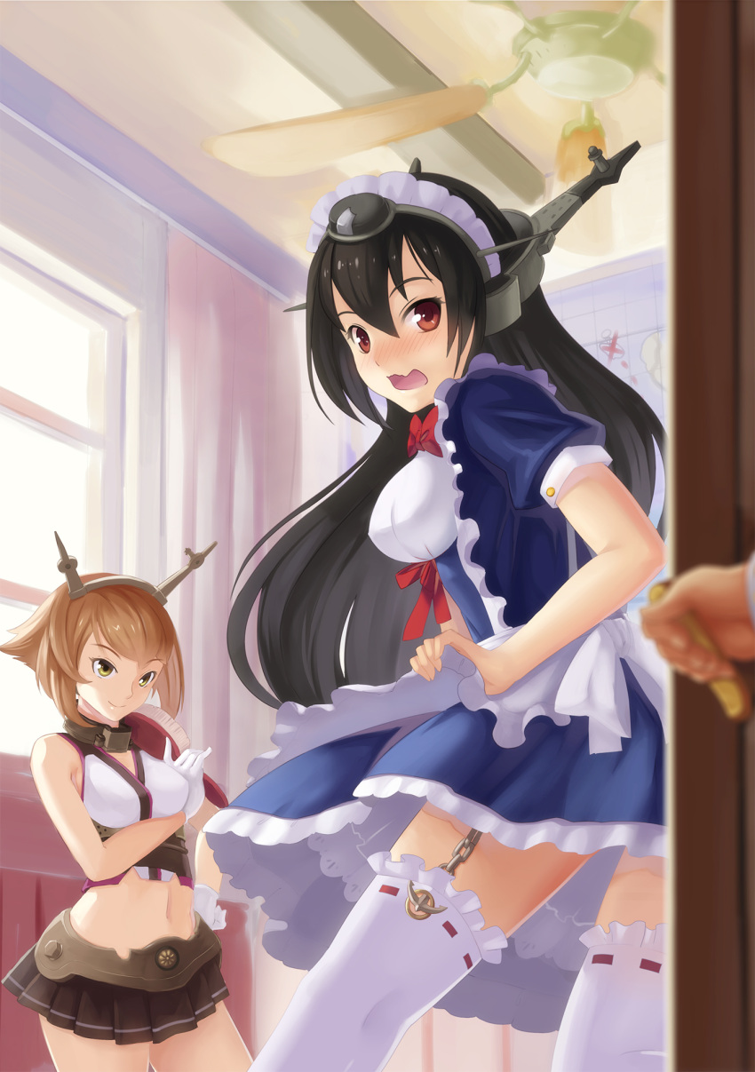 1girl 2girls alternate_costume apron bare_shoulders black_hair blush breasts brown_hair caught chain embarrassed enmaided garter_straps gloves hair_ornament hairband headgear highres just_as_planned kantai_collection long_hair maid maid_headdress majicjiang midriff multiple_girls mutsu_(kantai_collection) nagato_(kantai_collection) navel open_mouth personification red_eyes ribbon short_hair skirt smile surprised thighhighs wavy_mouth