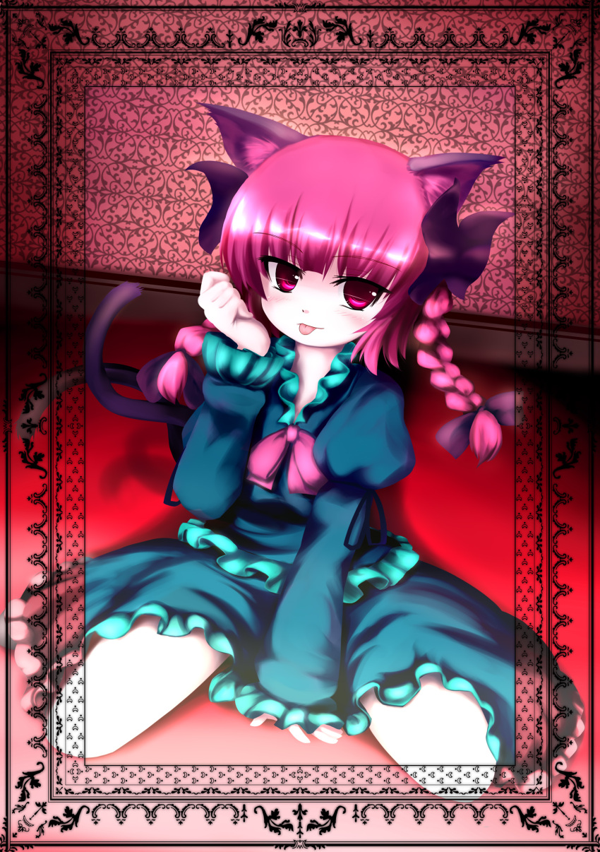 1girl absurdres animal_ears braid cat_ears cat_tail chipika highres kaenbyou_rin long_hair looking_at_viewer red_eyes redhead sitting smile solo tail touhou wariza