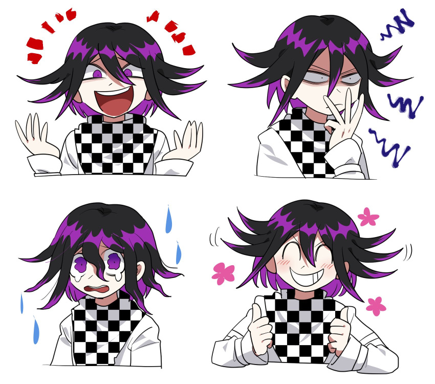 1boy :d bangs black_hair checkered checkered_background checkered_kimono checkered_neckwear checkered_scarf commentary cropped_torso dangan_ronpa_(series) dangan_ronpa_v3:_killing_harmony floral_print furukawa_(yomawari) grin hair_between_eyes hands_up highres jacket japanese_clothes kimono long_sleeves looking_at_viewer male_focus open_mouth ouma_kokichi purple_hair scarf shiny shiny_hair short_hair simple_background smile straitjacket tearing_up tears unmoving_pattern upper_body upper_teeth violet_eyes white_background wide-eyed