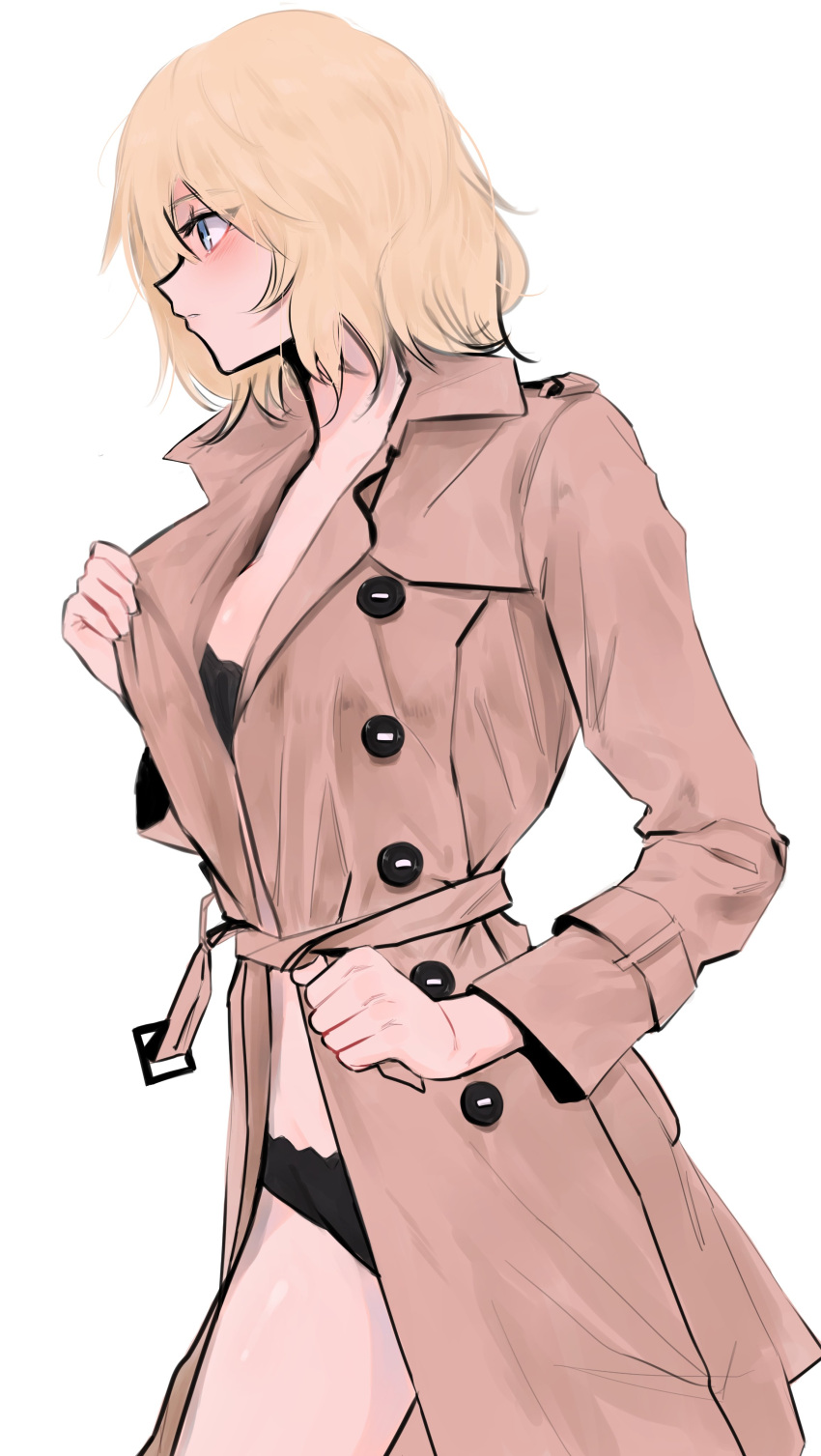 1girl absurdres alternate_costume bangs black_bra black_panties blonde_hair blue_eyes blush bra clenched_hand coat_tug daiishori eyebrows_visible_through_hair from_side highres holding holding_clothes hololive hololive_english looking_ahead panties short_hair solo trench_coat underwear virtual_youtuber watson_amelia white_background