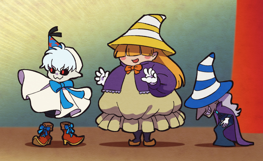 1boy 2girls :3 bangs beldam black_sclera blonde_hair blunt_bangs boots bow bowtie cape colored_sclera doopliss dress gloves grey_hair grin hair_over_eyes hat hat_over_eyes long_hair long_sleeves marilyn_(paper_mario) super_mario_bros. multiple_girls open_mouth pale_skin paper_mario paper_mario:_the_thousand_year_door party_hat personification pointy_ears purple_cape red_eyes shadow shorts silver_hair smile standing star_(symbol) striped striped_headwear ukata white_cape white_gloves witch_hat