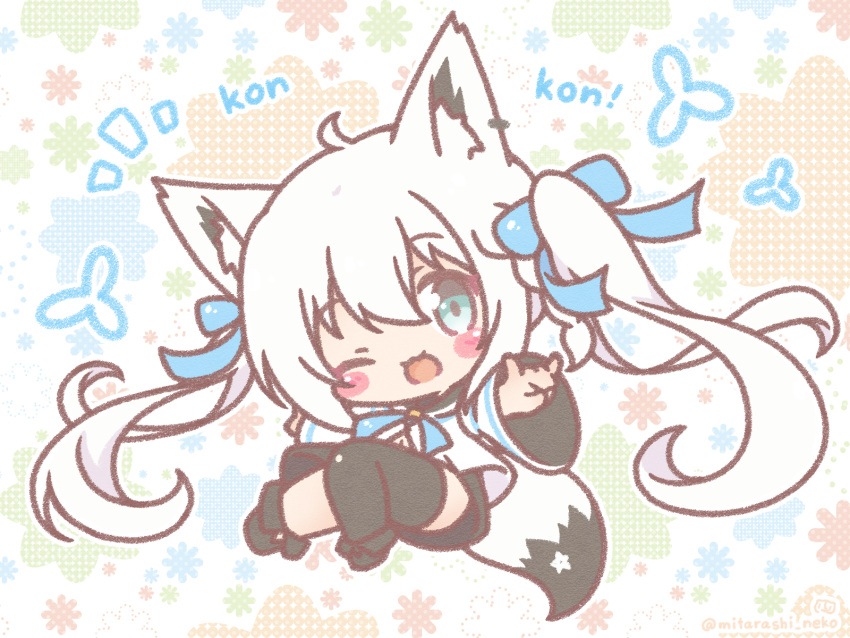 1girl ;3 ahoge alternate_hairstyle animal_ears artist_name black_footwear black_legwear blouse blue_neckwear blue_ribbon blush_stickers braid catchphrase chibi commentary_request commission eyebrows_visible_through_hair fox_ears fox_girl fox_shadow_puppet fox_tail hair_ribbon highres hololive long_hair mitarashi_neko navel neck_ribbon one_eye_closed open_mouth outstretched_arms pixiv_request ribbon shirakami_fubuki side_braid single_braid single_thighhigh solo spread_arms star_(symbol) tail thigh-highs twintails very_long_hair white_blouse white_hair wide_sleeves