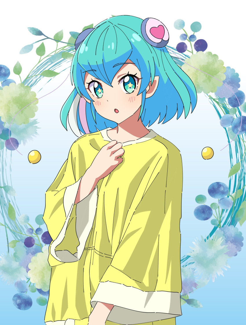 1girl :o antennae aqua_eyes aqua_hair blue_background blush eyebrows_visible_through_hair fashion floral_background flower_request gradient gradient_background hagoromo_lala hair_ornament heart heart_hair_ornament highres kousuke0912 long_sleeves looking_at_viewer multicolored_hair open_mouth oversized_clothes pink_hair precure shirt short_hair simple_background solo star-shaped_pupils star_(symbol) star_in_eye star_twinkle_precure streaked_hair symbol-shaped_pupils symbol_in_eye upper_body white_hair yellow_shirt