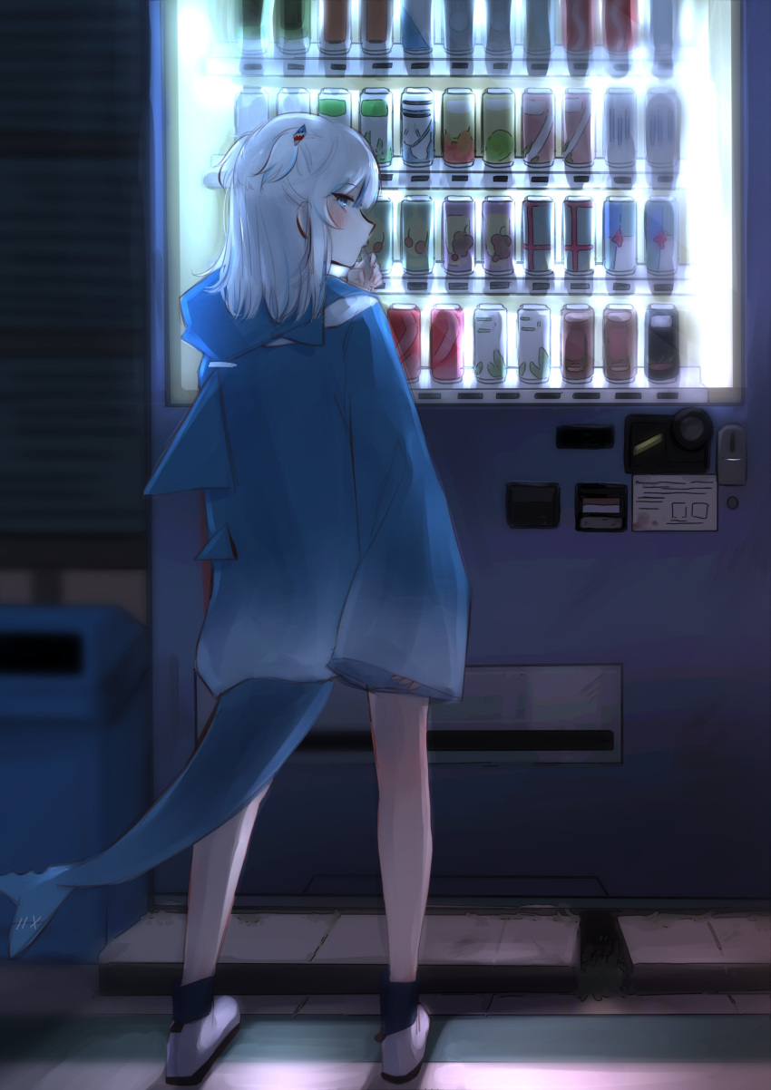 1girl absurdres bangs blue_eyes blue_hoodie blush can candy daiishori fish_tail food from_behind gawr_gura highres hololive hololive_english hood hoodie in_mouth lollipop looking_back no_pants open_hand shark_tail shoes silver_hair sleeves_past_fingers sleeves_past_wrists sneakers soda_can solo standing tail two_side_up vending_machine virtual_youtuber