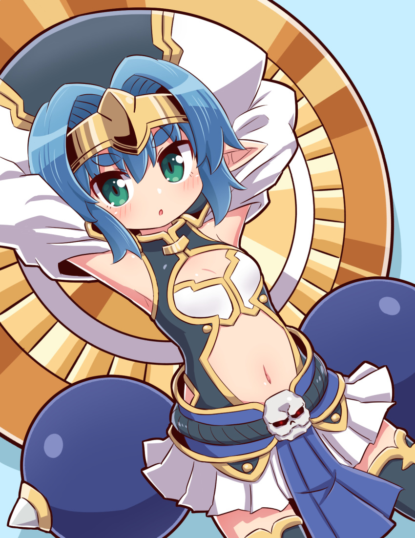 1girl :o armpits arms_up bangs black_legwear blue_background blue_hair blush breasts commentary_request detached_sleeves dutch_angle eyebrows_visible_through_hair green_eyes hair_between_eyes hair_intakes hat headpiece hellmatio highres looking_at_viewer naga_u navel parted_lips pleated_skirt revision shinrabanshou skirt small_breasts solo thick_eyebrows thigh-highs white_headwear white_skirt white_sleeves
