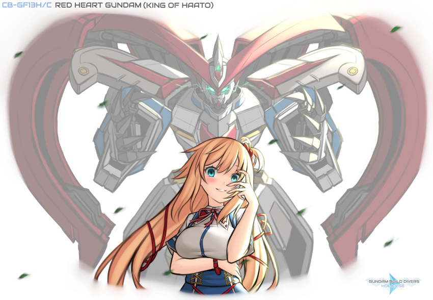 1girl akai_haato blue_eyes blush bow breasts character_name crossover g_gundam glowing glowing_eyes gundam gundam_build_divers gundam_build_divers_re:rise hair_ribbon hand_over_eye highres hololive logo_parody looking_at_viewer mecha medium_breasts open_hand open_hands parody parted_lips pinguinkotak pun red_bow ribbon science_fiction shuffle_heart smile title_parody v-fin