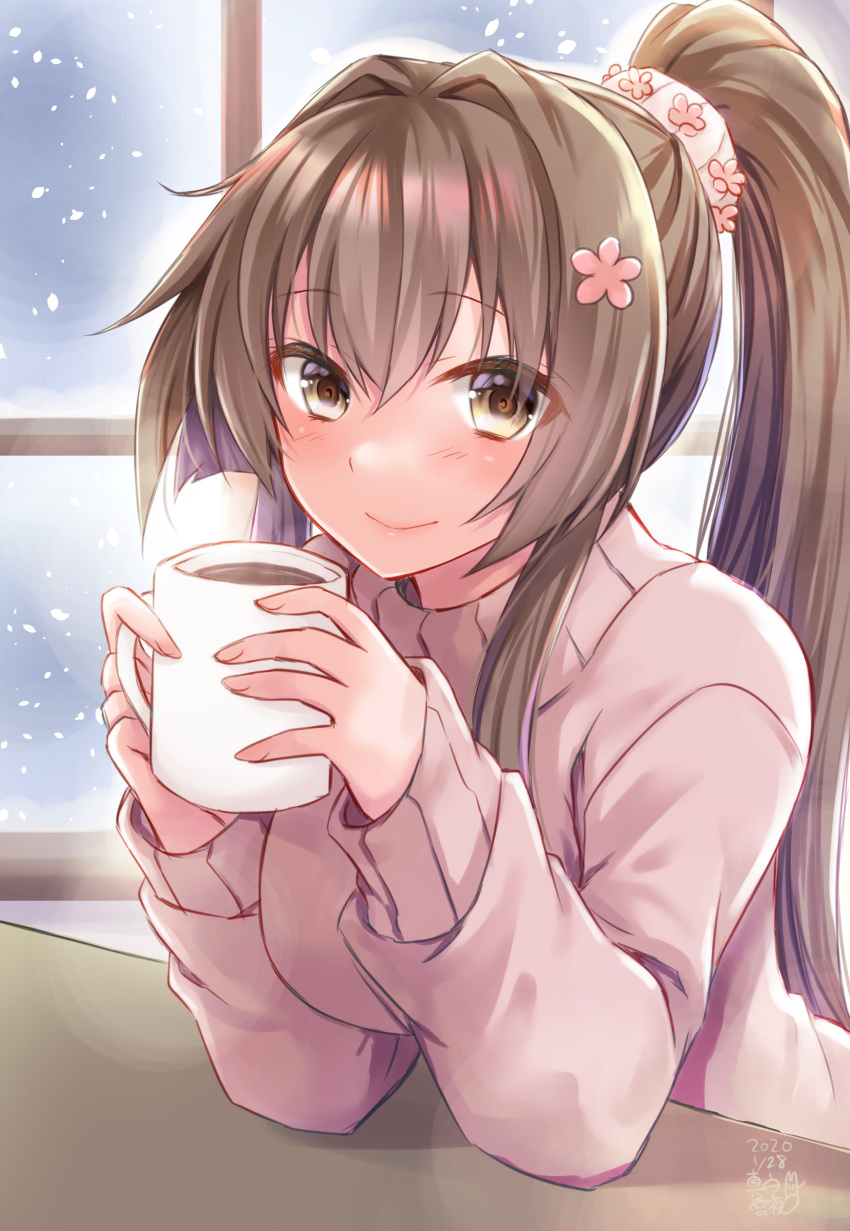 1girl absurdres artist_name blush brown_eyes brown_hair closed_mouth cup dated eyebrows_visible_through_hair flower hair_between_eyes hair_flower hair_ornament highres holding holding_cup kantai_collection long_hair long_sleeves looking_at_viewer mashiro_yukiya pink_flower ponytail signature smile solo very_long_hair window yamato_(kantai_collection)