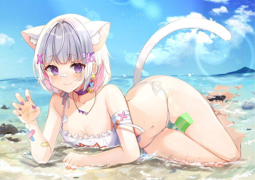 1girl animal_ear_fluff animal_ears ass_visible_through_thighs bandages bandaid bandaid_on_face bandaid_on_leg bandaid_on_nose bangs beach blunt_bangs blush bra breasts cat_cutout cat_ear_panties cat_ears cat_lingerie character_request cleavage_cutout clothing_cutout collar collarbone colored_inner_hair commentary_request day earrings elbow_rest frilled_bra frills hair_ornament highres horizon indie_virtual_youtuber jewelry lens_flare looking_at_viewer lying medium_breasts medium_hair meme_attire multicolored_hair nail_polish natsuki_(ukiwakudasai) number_hair_ornament on_side panties paw_pose paw_print pink_hair shore side-tie_panties silver_hair skindentation solo sparkling_eyes strap_slip thigh_gap underwear underwear_only violet_eyes virtual_youtuber wading white_bra x_hair_ornament