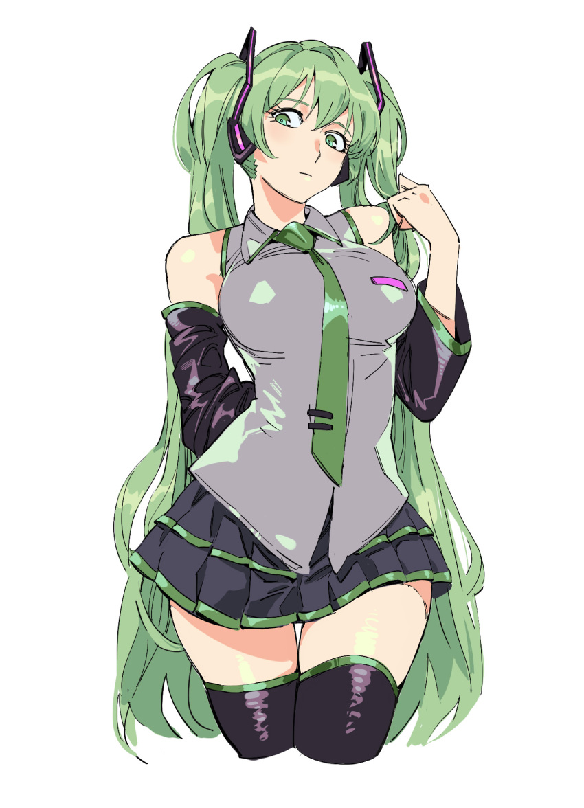 1girl bare_shoulders black_legwear black_skirt breasts closed_mouth collared_shirt cowboy_shot cropped_legs detached_sleeves green_eyes green_hair green_neckwear grey_shirt hand_up hatsune_miku headphones highres large_breasts layered_skirt long_hair long_sleeves looking_at_viewer necktie pleated_skirt ruukii_drift shirt simple_background skirt solo standing thigh-highs twintails very_long_hair vocaloid white_background wing_collar zettai_ryouiki