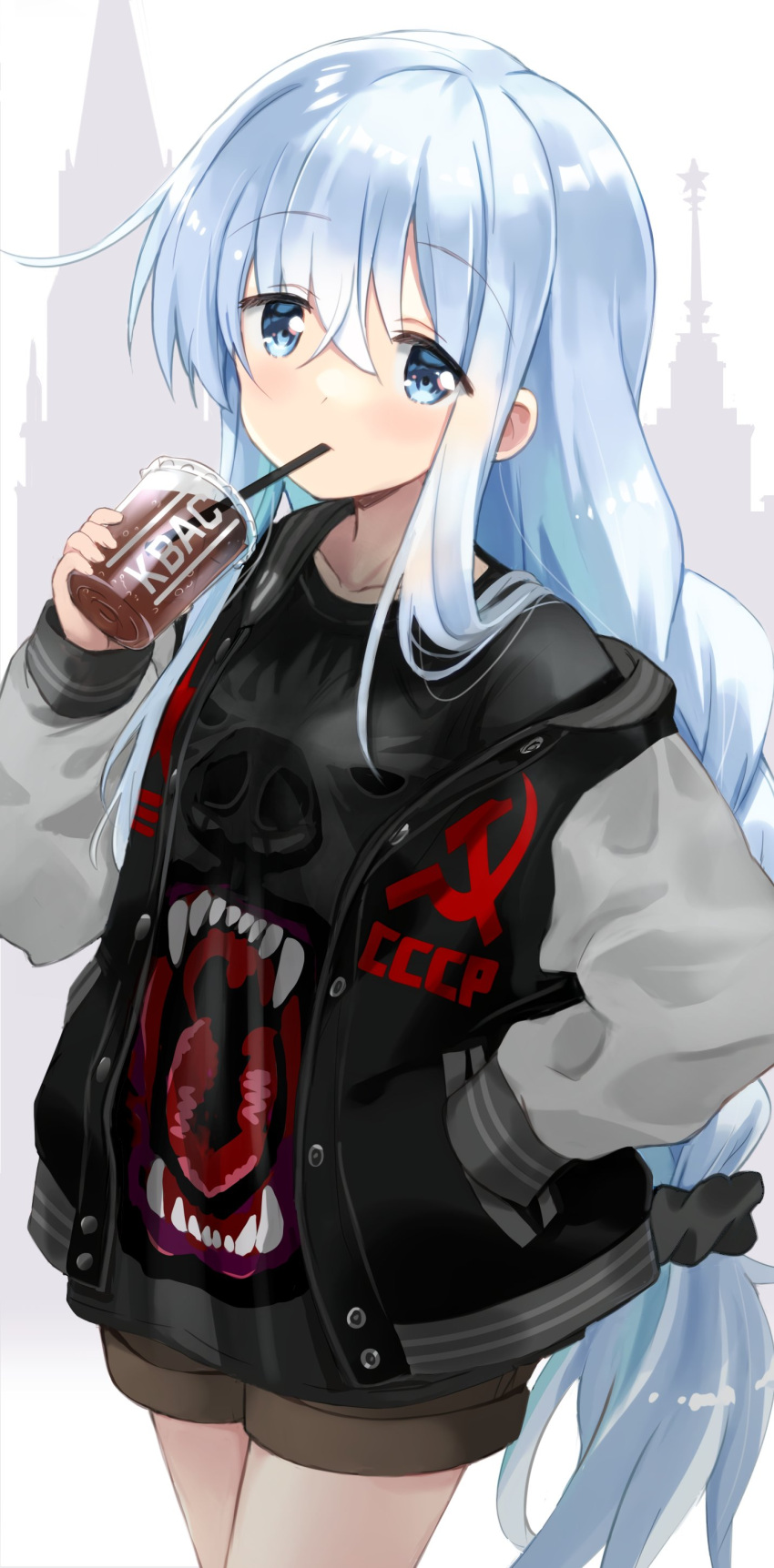 1girl absurdres bangs black_jacket black_shirt blue_eyes brown_shorts collarbone cowboy_shot cup disposable_cup drinking drinking_straw eyebrows_visible_through_hair hammer_and_sickle hand_in_pocket hibiki_(kantai_collection) highres hizuki_yayoi holding holding_cup jacket kantai_collection long_hair long_sleeves looking_at_viewer open_clothes open_jacket print_shirt raglan_sleeves shirt short_shorts shorts silver_hair solo standing verniy_(kantai_collection)