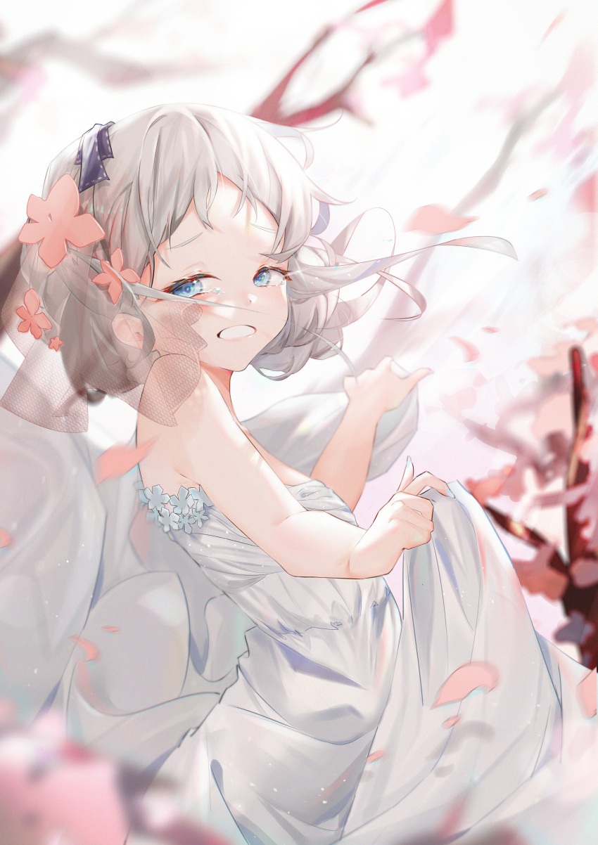 1girl absurdres ano_hi_mita_hana_no_namae_wo_bokutachi_wa_mada_shiranai. bangs bare_shoulders blue_eyes blurry blurry_background blush breasts dress flower grey_hair hair_flower hair_ornament hands_up highres holding holding_clothes honma_meiko lifted_by_self looking_at_viewer open_mouth pink_flower pola_(1021) short_hair sleeveless sleeveless_dress small_breasts solo tears teeth white_dress