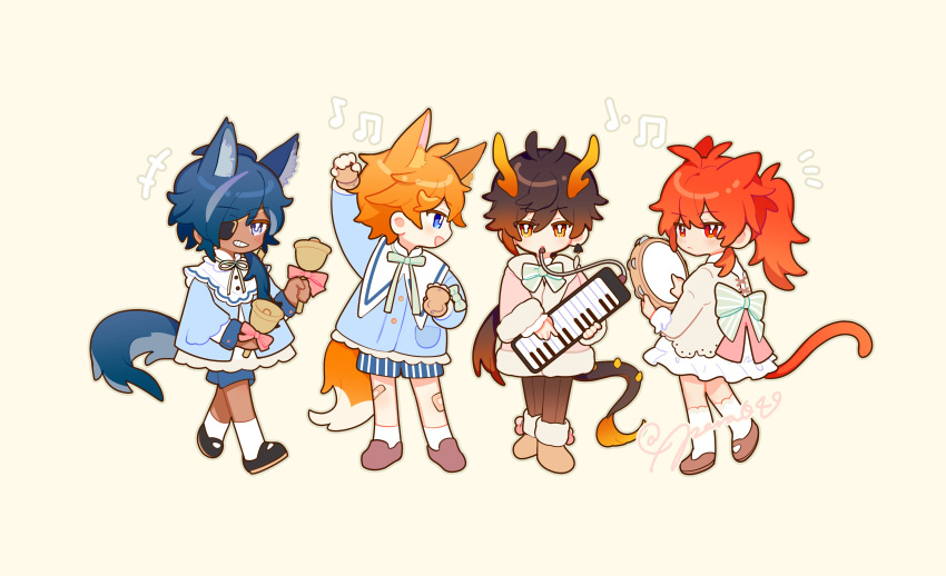 4boys absurdres animal_ears arm_up bangs bell black_hair blue_eyes blue_hair bow brown_hair cat_boy cat_ears cat_tail child closed_mouth dark_skin dark_skinned_male diluc_(genshin_impact) dragon_horns dragon_tail earrings eyebrows_visible_through_hair eyepatch fox_ears fox_tail frills from_behind genshin_impact hair_between_eyes highres holding holding_instrument horns instrument jacket jewelry kaeya_(genshin_impact) keyboard_(instrument) long_hair long_sleeves looking_at_another looking_at_viewer male_focus multicolored_hair multiple_boys musical_note notice_lines open_mouth orange_hair para049 ponytail red_eyes redhead ribbon short_hair shorts simple_background single_earring smile tail tambourine tartaglia_(genshin_impact) tassel tassel_earrings wolf_ears wolf_tail yellow_eyes younger zhongli_(genshin_impact)