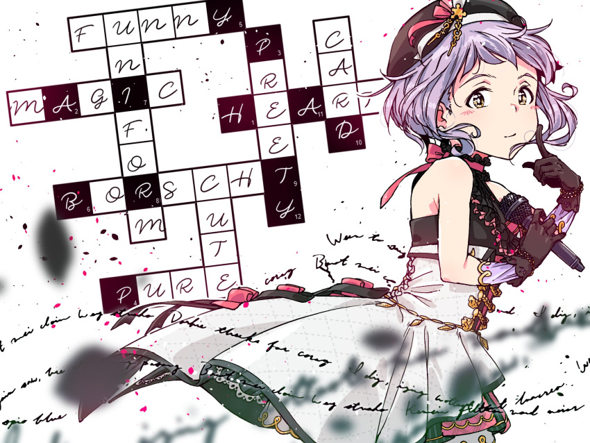 1girl bare_shoulders beret black_gloves black_headwear blurry_foreground blush closed_mouth crossword_puzzle dress from_side gloves guriko_(mossari) hat highres holding holding_microphone idol idolmaster idolmaster_million_live! idolmaster_million_live!_theater_days looking_at_viewer makabe_mizuki microphone purple_hair short_hair sleeveless smile solo white_dress writing yellow_eyes