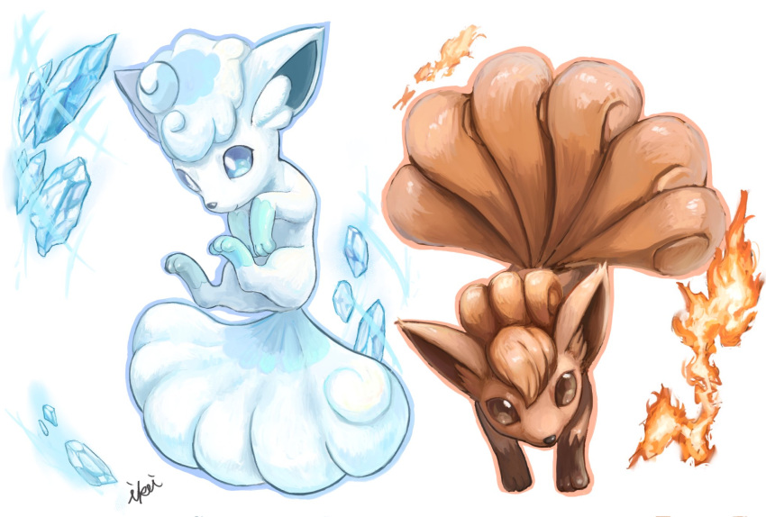 alolan_form alolan_vulpix animal_focus artist_name bangs blue_hair blue_outline blue_sclera brown_eyes brown_sclera closed_mouth colored_sclera crystal fire fox full_body gen_1_pokemon gen_7_pokemon head_tilt highres ice ikei jpeg_artifacts looking_at_viewer multiple_tails no_humans orange_outline outline pokemon pokemon_(creature) redhead short_hair signature simple_background symbol_commentary tail vulpix white_background white_eyes