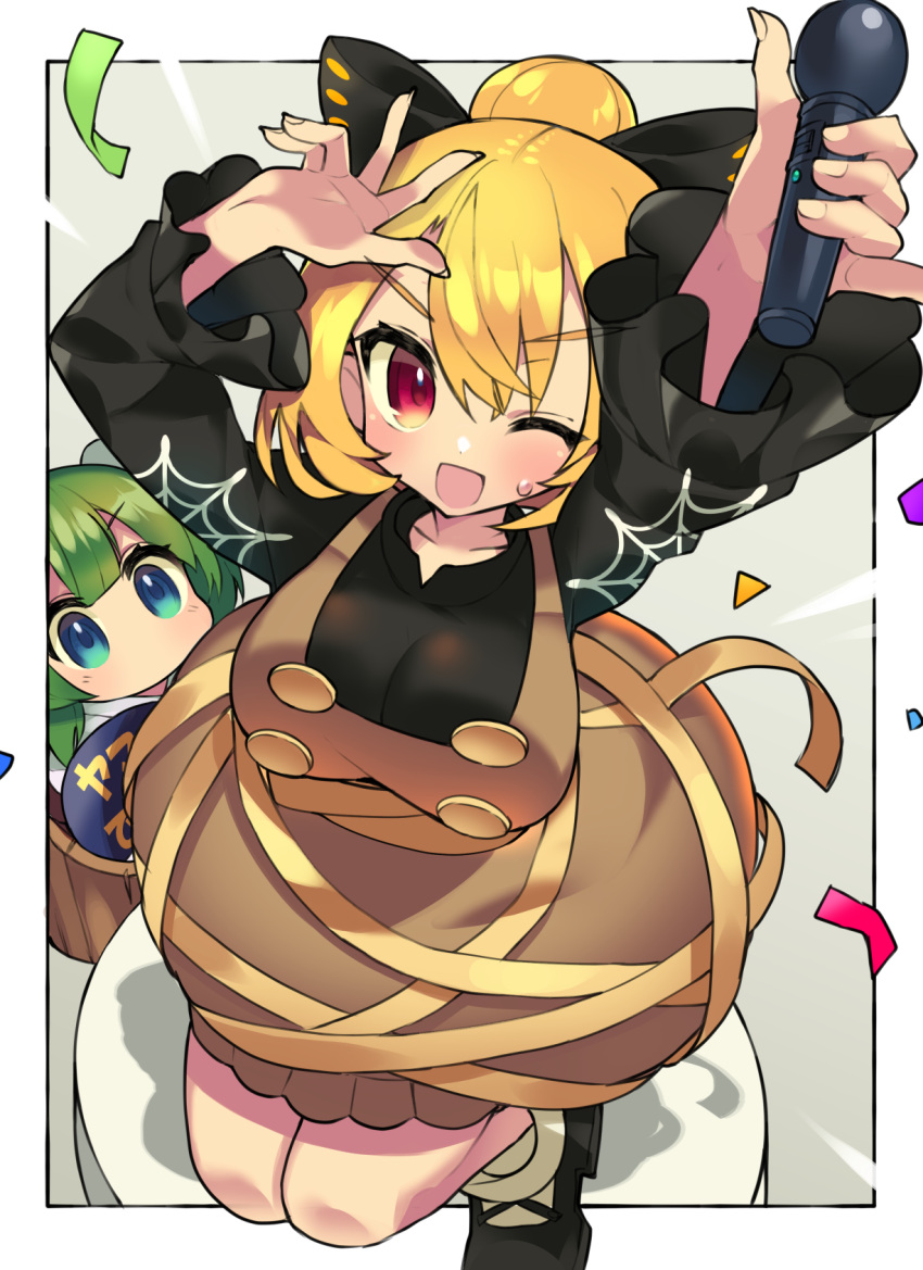 2girls ;d arms_up bangs black_bow black_footwear blonde_hair blue_eyes bobby_socks bow breasts brown_dress bucket confetti dress eyebrows_visible_through_hair fingernails green_hair hair_between_eyes hair_bow highres holding holding_microphone in_bucket in_container kisume kurodani_yamame large_breasts long_sleeves microphone multiple_girls no_mouth no_nose one_eye_closed open_mouth red_eyes sakaki_(utigi) shadow shoes short_hair smile socks spider_web_print touhou v-shaped_eyebrows white_legwear wooden_bucket
