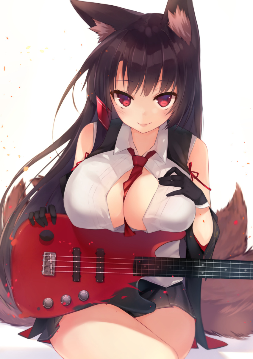 1girl absurdres akagi_(azur_lane) animal_ear_fluff animal_ears azur_lane bangs between_breasts black_gloves black_hair black_kimono black_skirt blush breast_rest breasts closed_mouth collared_shirt commentary_request crossed_legs electric_guitar eyebrows_visible_through_hair fox_ears fox_tail gloves guitar hair_ornament hand_on_own_chest highres instrument japanese_clothes kimono large_breasts long_hair looking_at_viewer multiple_tails necktie necktie_between_breasts off_shoulder partially_unbuttoned pleated_skirt red_eyes red_neckwear red_ribbon ribbon sakura_cha shirt simple_background sitting skirt sleeveless sleeveless_shirt smile tail white_background white_shirt wide_sleeves
