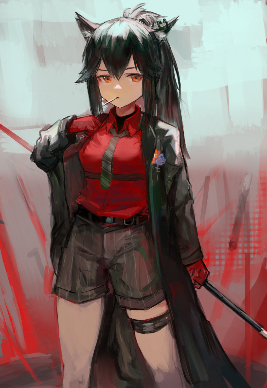 1girl animal_ears arknights bangs black_coat black_hair black_neckwear black_shorts coat collared_shirt feet_out_of_frame gloves gnai highres holding long_hair long_sleeves looking_at_viewer mouth_hold necktie official_alternate_costume open_clothes open_coat orange_eyes planted_sword planted_weapon ponytail red_gloves red_shirt shirt shorts sidelocks solo standing striped sword tail texas_(arknights) texas_(willpower)_(arknights) thigh_strap vertical-striped_shorts vertical_stripes weapon wolf_ears wolf_girl wolf_tail