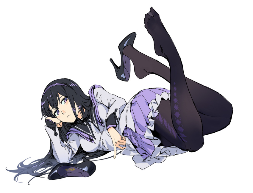 1girl akemi_homura arm_support black_footwear black_hair black_sailor_collar breasts brown_legwear closed_mouth from_behind full_body grey_shirt hair_spread_out head_rest high_heels highres long_hair long_sleeves looking_at_viewer looking_back mahou_shoujo_madoka_magica medium_breasts miniskirt pantyhose pleated_skirt purple_sailor_collar purple_skirt ruukii_drift sailor_collar school_uniform serafuku shirt shoe_dangle shoes shoes_removed simple_background skirt solo violet_eyes white_background