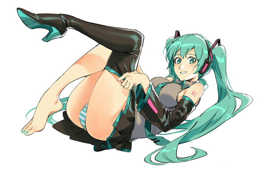 1girl absurdres adjusting_clothes adjusting_legwear black_footwear black_legwear black_skirt blue_eyes blue_hair blue_nails blue_neckwear blue_panties blush boots breasts closed_mouth collared_shirt detached_sleeves from_side grey_shirt hatsune_miku headphones high_heel_boots high_heels highres large_breasts long_hair long_sleeves looking_at_viewer lying nail_polish necktie on_back panties ruukii_drift shirt shoulder_tattoo simple_background single_thigh_boot skirt sleeveless sleeveless_shirt smile solo striped striped_panties sweat tattoo thigh-highs thigh_boots toenails twintails underwear vocaloid white_background wing_collar