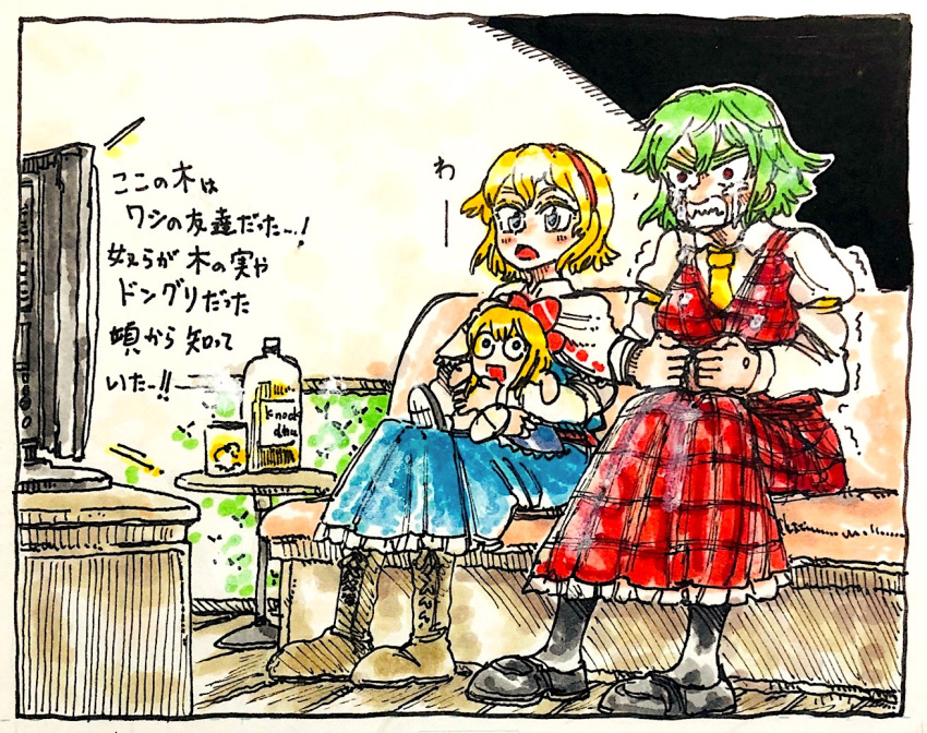2girls alcohol alice_margatroid angry couch crying crying_with_eyes_open cup kazami_yuuka morinokirin multiple_girls nib_pen_(medium) sitting skirt skirt_set tears television touhou traditional_media watching_television