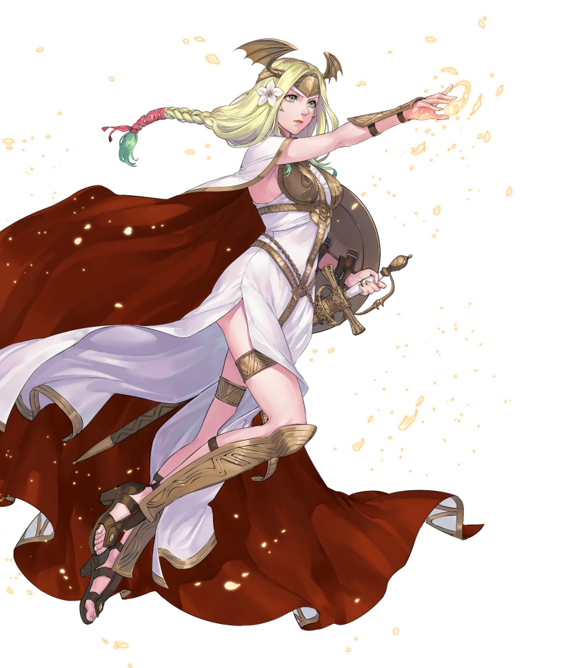 1girl arm_guards armor aureolin31 blonde_hair braid cape chain closed_mouth dress fire_emblem fire_emblem:_three_houses fire_emblem_heroes flower gradient gradient_hair green_eyes green_hair hair_flower hair_ornament high_heels highres lips long_dress long_hair looking_away low-tied_long_hair multicolored_hair official_art open_toe_shoes seiros_(fire_emblem) serious shield single_braid sleeveless sleeveless_dress solo sword thigh_strap tied_hair toes transparent_background two-tone_hair weapon white_background white_dress