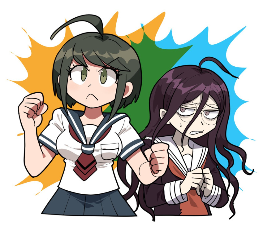 2girls ahoge bangs black_hair black_shirt blue_background breast_pocket breasts brown_hair clenched_hands clenched_teeth commentary cropped_legs cropped_torso dangan_ronpa_(series) dangan_ronpa_another_episode:_ultra_despair_girls english_commentary frown fukawa_touko furukawa_(yomawari) glasses green_background hair_between_eyes highres large_breasts long_hair long_sleeves multiple_girls naegi_komaru orange_background pale_skin pleated_skirt pocket round_eyewear sailor_collar school_uniform serafuku shirt short_hair short_sleeves skirt sweatdrop teeth v-shaped_eyebrows white_background