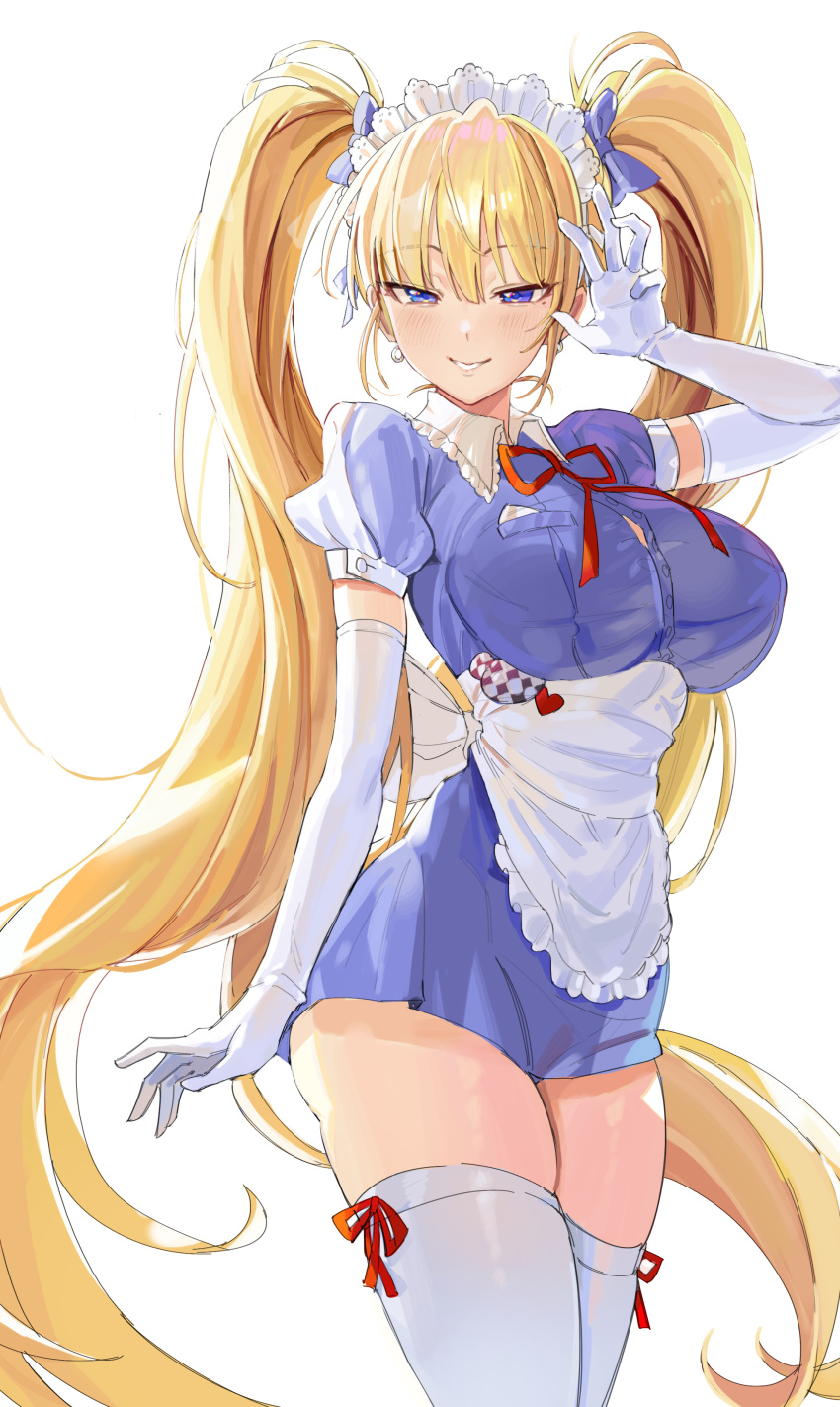 1girl absurdres apron arm_up blonde_hair blue_dress blue_eyes bow breast_pocket breasts button_gap cowboy_shot dress elbow_gloves freng gloves grin hair_bow highres large_breasts long_hair looking_at_viewer maid maid_apron maid_headdress mole mole_on_breast neck_ribbon original pocket ribbon short_dress short_sleeves simple_background smile solo standing thigh-highs thighs twintails very_long_hair waist_apron white_background white_gloves white_legwear wing_collar zettai_ryouiki