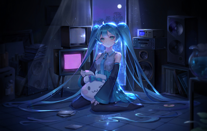 1girl arua backlighting bangs blue_hair blush boots cd cd_case cinnamoroll city collared_dress curtains detached_sleeves dress expressionless green_eyes hatsune_miku highres holding holding_stuffed_toy long_hair long_sleeves moon necktie night on_floor pleated_dress radio record_jacket sanrio sitting sleeveless sleeveless_dress solo speaker stuffed_toy television thigh_boots tile_floor tiles twintails vase very_long_hair vocaloid wariza window