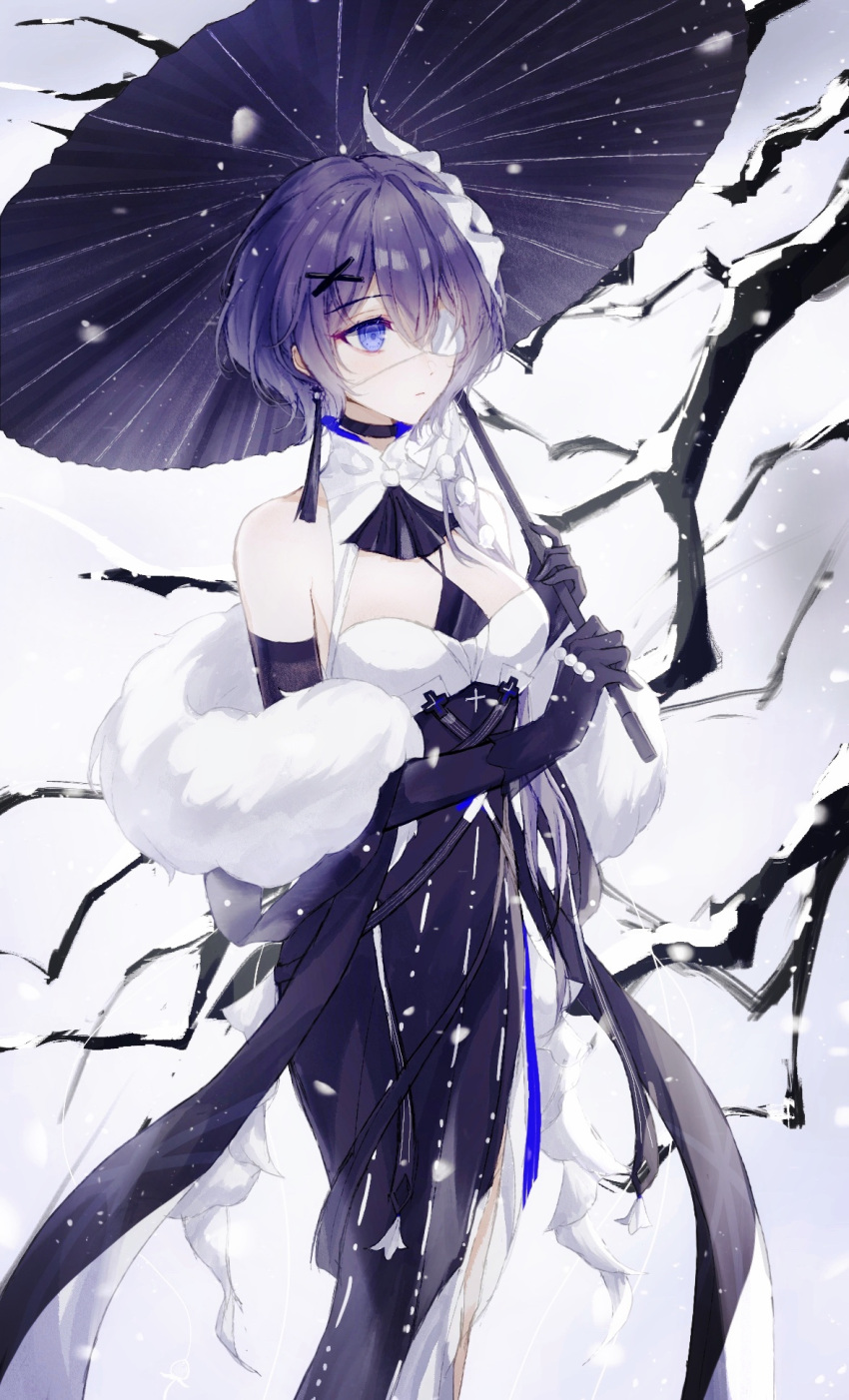 1girl arknights ascot bangs bare_shoulders bare_tree black_dress black_gloves black_neckwear blue_eyes breasts closed_mouth dress earrings elbow_gloves eyebrows_visible_through_hair eyepatch feet_out_of_frame gloves hair_ornament highres holding holding_umbrella jewelry long_hair looking_afar looking_away medium_breasts oil-paper_umbrella one_eye_covered osage_(8545675) purple_hair shawl snowing solo standing tree umbrella whisperain_(arknights) whisperain_(tremble_cold)_(arknights) winter x_hair_ornament