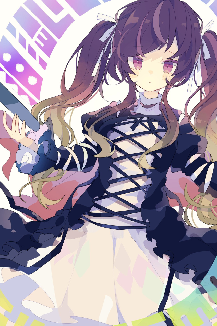 1girl alternate_hairstyle brown_hair closed_mouth cowboy_shot cross-laced_clothes dress eyebrows_visible_through_hair gradient_hair hair_ribbon highres hijiri_byakuren holding holding_scroll juliet_sleeves layered_dress long_hair long_sleeves looking_at_viewer multicolored_hair nikorashi-ka puffy_sleeves purple_hair ribbon scroll simple_background solo sorcerer's_sutra_scroll standing touhou turtleneck_dress twintails two-tone_hair violet_eyes white_background white_ribbon