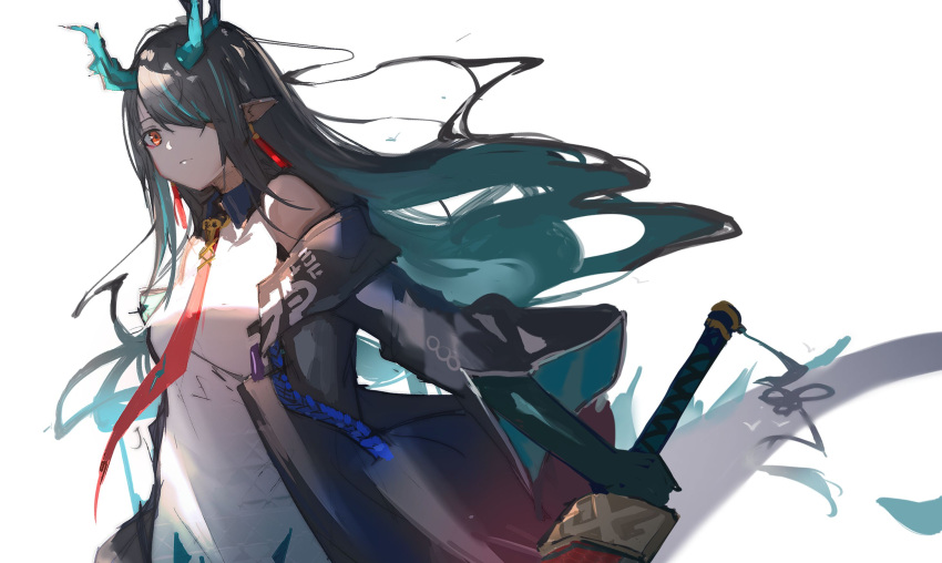 1girl arknights bare_shoulders black_coat black_hair breasts closed_mouth coat colored_inner_hair dragon_horns dress dusk_(arknights) earrings expressionless floating_hair hair_over_one_eye highres holding holding_sword holding_weapon horns jewelry long_hair long_sleeves looking_at_viewer medium_breasts multicolored_hair necktie off_shoulder open_clothes open_coat pointy_ears red_eyes sidelocks simple_background sleeveless sleeveless_dress solo streaked_hair sword tianye_toshi upper_body weapon white_background white_dress wide_sleeves wing_collar