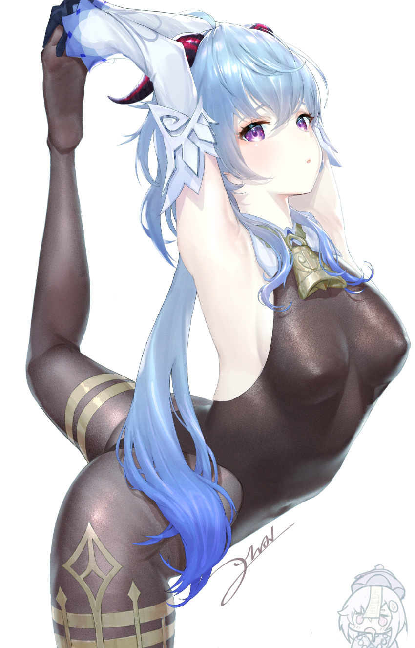 2girls 2wa_(jbum99) absurdres armpits arms_up ass bell black_legwear black_leotard blue_hair blush breasts covered_nipples cowbell detached_sleeves drooling flexible ganyu_(genshin_impact) genshin_impact half-closed_eyes hat highres horns huge_filesize jiangshi leg_up leotard long_hair long_sleeves looking_at_viewer medium_breasts multiple_girls open_mouth purple_hair qiqi sideboob sleeveless split standing standing_on_one_leg standing_split violet_eyes