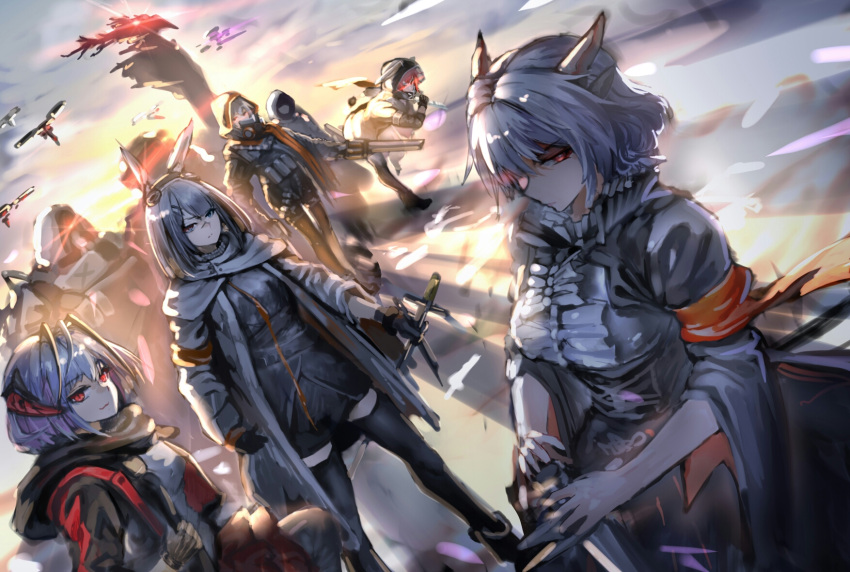 1boy 3others 4girls animal_ears arknights backlighting coffee18 crownslayer_(arknights) demon_girl demon_horns dragon_girl dragon_horns drone frostnova_(arknights) grenade_launcher highres holding holding_weapon hood hooded_jacket horns jacket knife mask mask_removed multiple_girls multiple_others rabbit_ears rabbit_girl reunion_soldier_(arknights) skullshatterer_(arknights) sword talulah_(arknights) w_(arknights) weapon wolf_ears wolf_girl