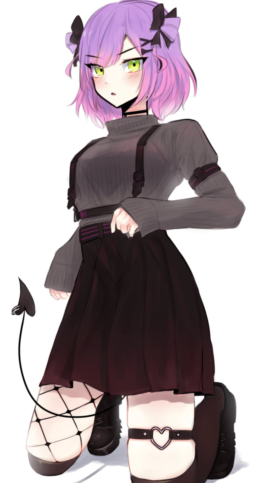 1girl :o absurdres black_choker black_footwear black_skirt boots breasts choker clenched_hand daiishori demon_tail double_bun fishnets gradient_hair grey_sweater highres hololive kneeling looking_at_viewer medium_breasts multicolored_hair open_mouth pink_hair purple_hair short_hair skindentation skirt solo sweater sweater_tucked_in tail thigh-highs thigh_boots thigh_strap tokoyami_towa virtual_youtuber white_background