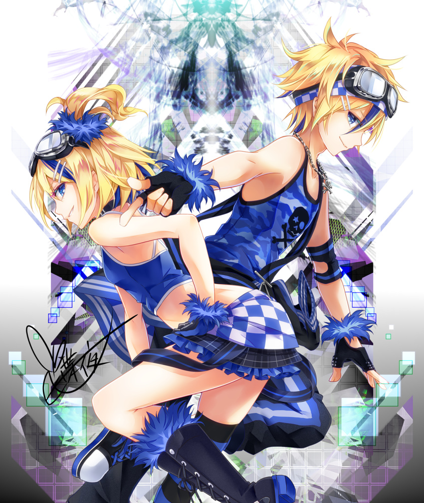 1boy 1girl bare_shoulders black_gloves blonde_hair blue_shirt blue_skirt boots burning_stone_(module) chain_necklace checkered checkered_skirt crop_top fingerless_gloves from_side gloves goggles goggles_on_head grin hair_ornament hair_scrunchie hand_on_hip headband highres jewelry kagamine_len kagamine_rin knee_boots lightning_stone_(module) looking_at_viewer necklace outstretched_arm pants parted_lips project_diva_(series) rettou_joutou_(vocaloid) scrunchie shirt short_hair sideways_glance skirt skull_print smile tank_top track_pants tyouya vocaloid white_background wrist_scrunchie