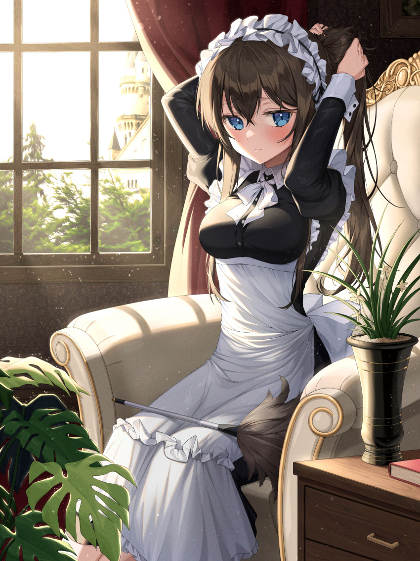 1girl absurdres apron armchair arms_up black_dress blue_eyes blush breasts brown_hair chair closed_mouth curtains dress feather_duster feet_out_of_frame highres juliet_sleeves long_hair long_sleeves looking_at_viewer maid maid_headdress medium_breasts neck_ribbon original plant ponytail potted_plant puffy_sleeves ribbon sidelocks sitting solo sunlight tying_hair white_apron white_neckwear white_ribbon window xiho_(suna)