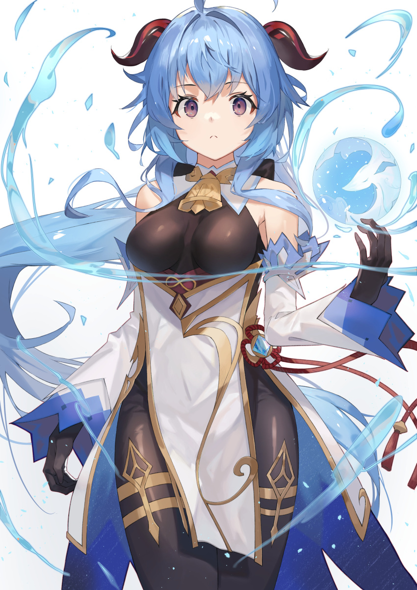 1girl :&lt; absurdres ahoge arm_at_side bangs bare_shoulders bell black_gloves black_legwear blue_hair bodystocking breasts closed_mouth cowboy_shot detached_sleeves eyebrows_visible_through_hair floating floating_object flower_knot ganyu_(genshin_impact) genshin_impact gloves hand_up highres horns long_hair long_sleeves looking_at_viewer medium_breasts motota red_ribbon ribbon simple_background solo sphere thighlet very_long_hair violet_eyes water white_background