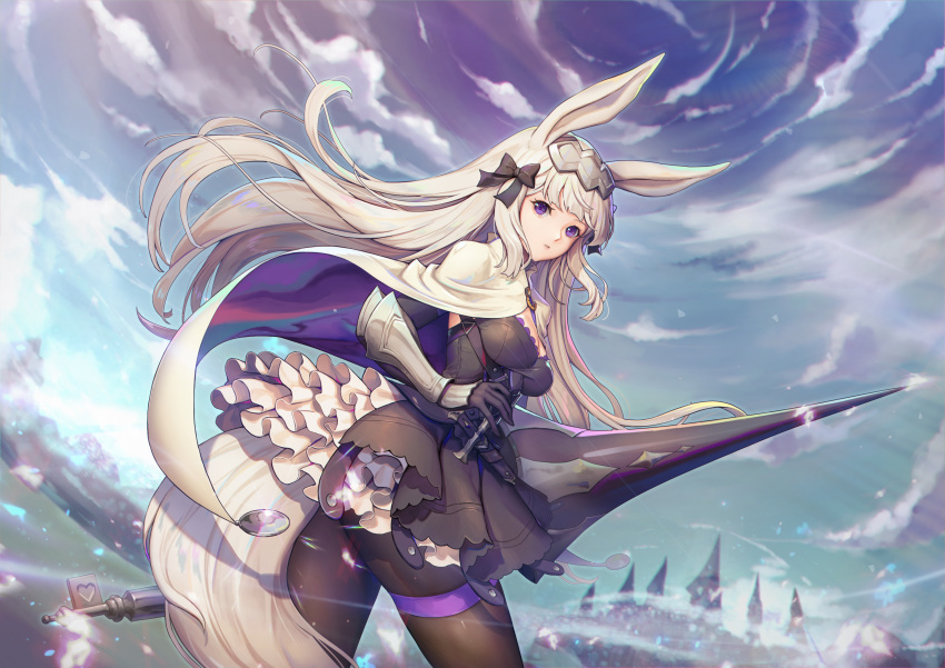 1girl absurdres animal_ears arm_guards bangs black_bow black_gloves black_legwear blunt_bangs bow cape clouds commentary_request frills gloves hair_bow headpiece highres holding holding_lance holding_polearm holding_weapon lance long_hair looking_back pantyhose polearm red:_pride_of_eden sky solo tail thigh_strap twisted_torso ursula_(pride_of_eden) violet_eyes weapon white_cape white_hair y.i._(lave2217)