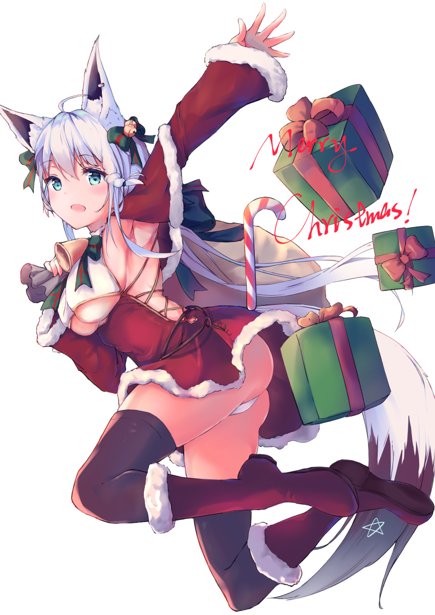 1girl absurdres animal_ears armpits asakawayoru bangs bell black_legwear blush boots box braid breasts christmas dress earrings english_commentary eyebrows_visible_through_hair fox_ears fox_girl fox_tail fur-trimmed_boots fur-trimmed_dress fur_trim gift gift_box green_eyes hair_bell hair_between_eyes hair_ornament highres holding holding_sack hololive jewelry long_hair looking_at_viewer medium_breasts open_mouth outstretched_arm panties red_dress red_footwear sack shirakami_fubuki sidelocks simple_background single_braid solo tail thigh-highs under_boob underwear virtual_youtuber white_background white_hair white_panties