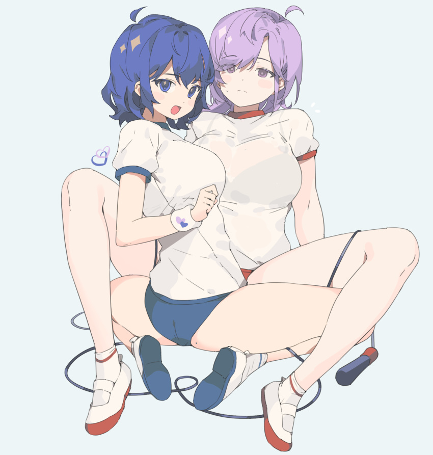 2girls accident ass bangs blue_buruma blue_eyes blue_hair borrowed_character breasts buruma eyebrows_visible_through_hair eyes_visible_through_hair gogoco gym_uniform hair_between_eyes heart highres jump_rope large_breasts light_purple_eyes light_purple_hair looking_at_another looking_at_viewer looking_back medium_breasts mole mole_on_ass multiple_girls original red_buruma shirt short_hair short_sleeves simple_background spread_legs sweatband sweatdrop swept_bangs symbol_in_eye thighs white_background white_shirt yuri