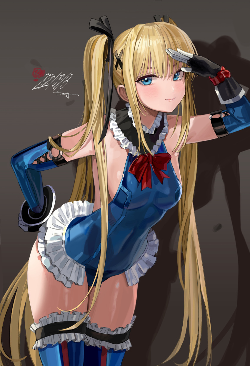 1girl absurdres arm_up arm_warmers armpits backless_leotard bare_shoulders blonde_hair blue_eyes blue_leotard bow bowtie breasts cowboy_shot dead_or_alive dead_or_alive_5 freng frilled_legwear frilled_leotard frills hair_ornament hair_ribbon highres leaning_forward leotard long_hair looking_at_viewer marie_rose medium_breasts ribbon salute shadow smile solo standing thigh-highs thighs twintails very_long_hair x_hair_ornament