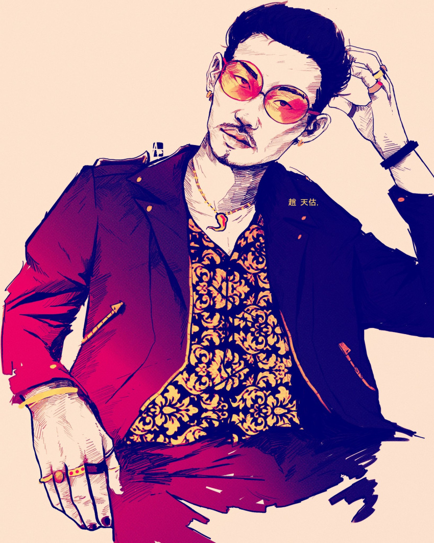 1boy arkeresia artist_name asian black_hair black_jacket ear_piercing earrings eyebrows facial_hair gangster highres jacket jewelry leather leather_jacket lips male_focus necklace orange_eyewear piercing ring ryuu_ga_gotoku ryuu_ga_gotoku_7 shaded_face short_hair signature sitting sunglasses thumb_ring upper_body zhao_tianyou