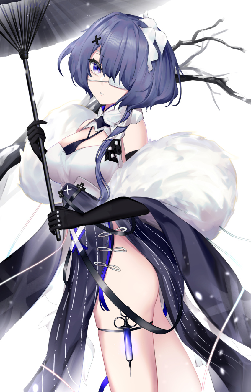 1girl arknights bangs bare_shoulders black_gloves black_umbrella blue_hair breasts commentary_request cowboy_shot eyepatch feather_boa gloves hair_ornament head_tilt highres holding holding_umbrella large_breasts solo standing syringe thighs umbrella violet_eyes wakamepiza whisperain_(arknights) whisperain_(tremble_cold)_(arknights) x_hair_ornament