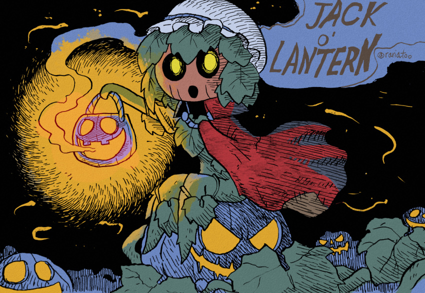 1girl :o black_background cape collared_cape colorized from_side green_hair hat ink_(medium) inktober jack-o'-lantern jack-o'-lantern_(rariatto) lantern leaf looking_at_viewer looking_to_the_side mixed_media monster_girl open_mouth original plant_girl pumpkin rariatto_(ganguri) red_cape sitting smoke solo traditional_media twitter_username