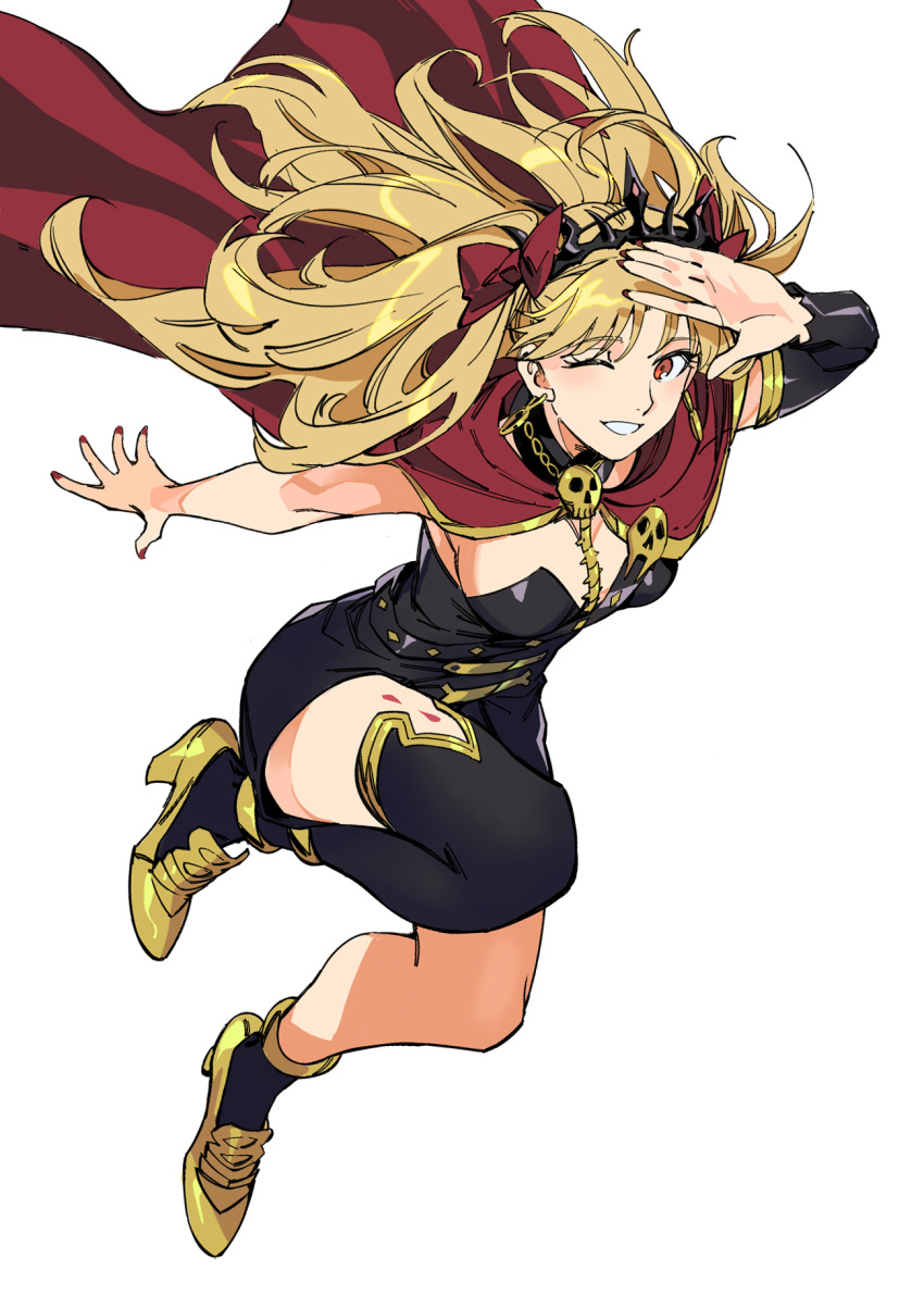 1girl black_dress black_legwear blonde_hair bow breasts cape closed_mouth crown dress earrings ereshkigal_(fate/grand_order) fate/grand_order fate_(series) fingernails floating_cape floating_hair hair_bow hand_up high_heels highres jewelry jumping long_hair looking_at_viewer medium_breasts nail_polish one_eye_closed red_bow red_cape red_eyes red_nails ruukii_drift short_dress single_sock single_thighhigh smile socks solo thigh-highs