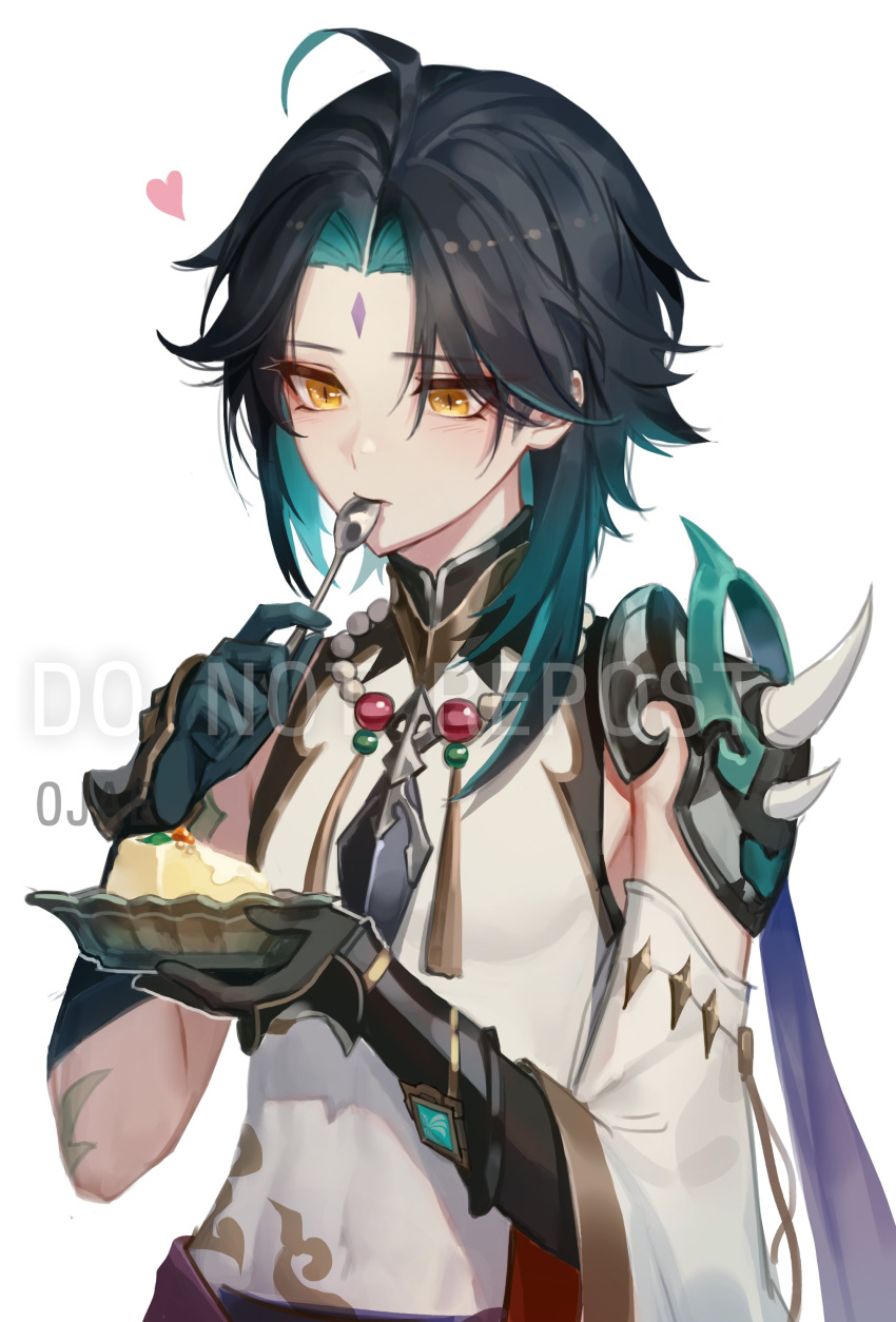 0jae 1boy absurdres ahoge arm_tattoo bangs bead_necklace beads black_gloves black_hair closed_mouth facial_mark food forehead_mark genshin_impact gloves green_hair heart highres holding holding_plate holding_spoon jewelry long_hair male_focus multicolored_hair necklace parted_bangs plate pudding simple_background solo spoon tattoo utensil_in_mouth xiao_(genshin_impact) yellow_eyes