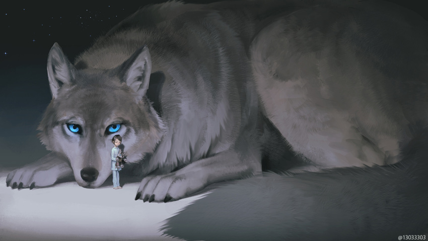 1girl animal arizuka_(13033303) bangs barefoot blue_eyes brown_hair closed_eyes commentary_request giant holding long_sleeves looking_at_viewer original oversized_animal pajamas pixiv_id short_hair standing stuffed_wolf wolf