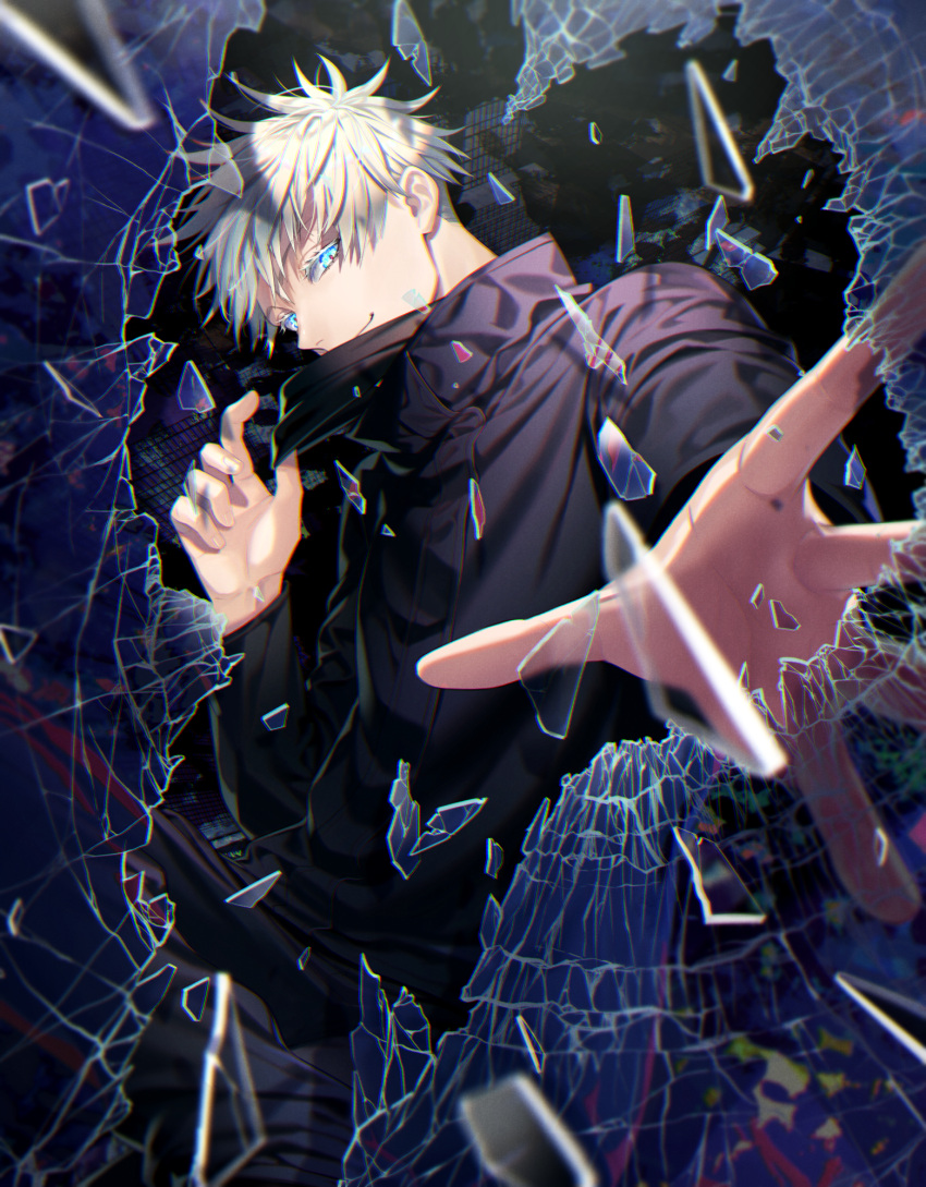 1boy bangs black_background black_blindfold black_jacket black_pants blindfold blindfold_down blue_eyes broken_glass closed_mouth cowboy_shot glass glass_shards gojou_satoru high_collar highres jacket jujutsu_kaisen long_sleeves looking_at_viewer male_focus noes open_hands pants reaching_out short_hair smile solo white_hair