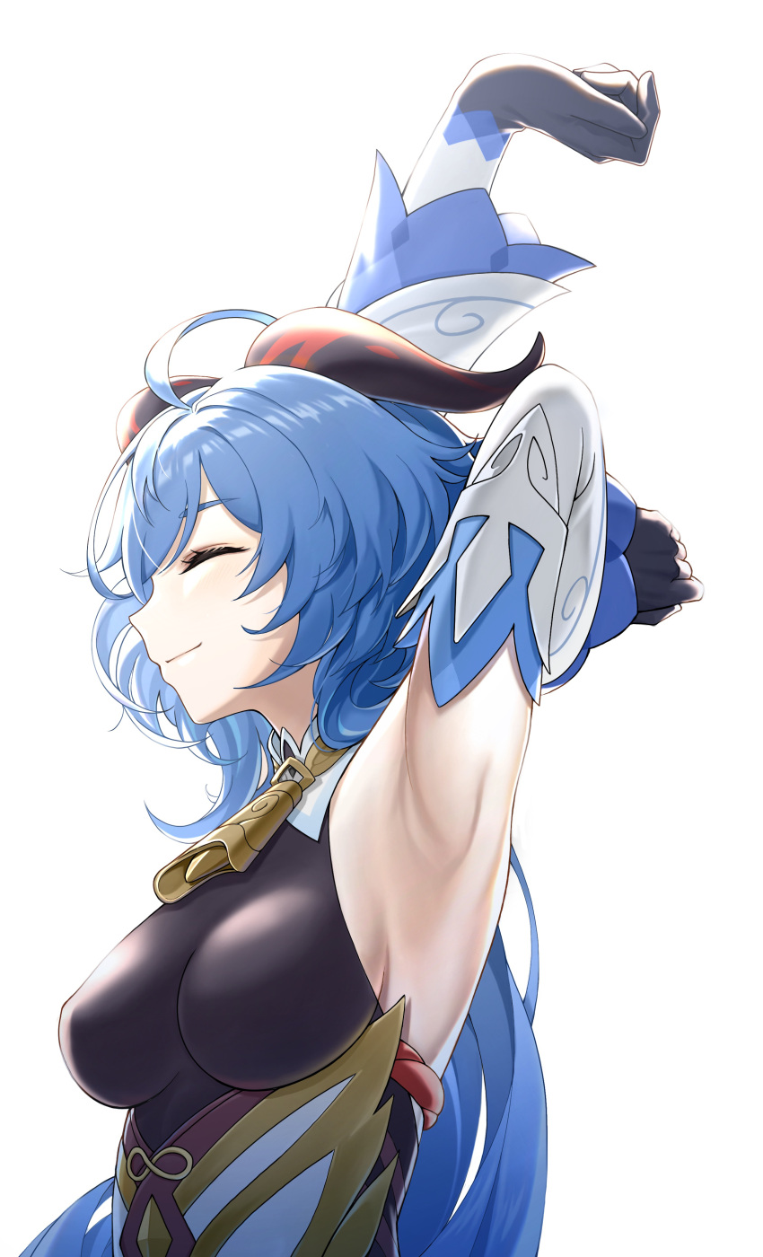 1girl ^_^ absurdres ahoge armpits arms_up bell blue_hair breasts closed_eyes cowbell detached_sleeves from_side ganyu_(genshin_impact) genshin_impact gloves highres horns medium_breasts momu_(su) sideboob simple_background sleeveless smile solo stretch upper_body white_background